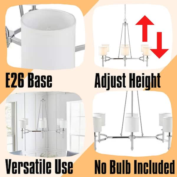 LuxeGlow Series 6-Light Chrome Chandelier with Curved Metal Frame and White Shades for Dining Room(No Bulbs)