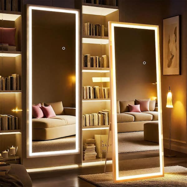 24 in. W x 63 in. H Full Length Rectangular Framed Wall Bathroom Vanity Mirror with Lights in Black