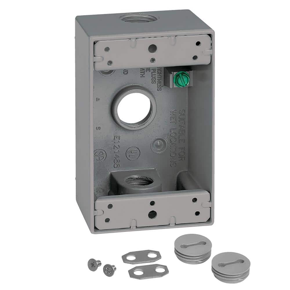 1-Gang Metal Weatherproof Electrical Outlet Box with (3) 3/4 inch Holes, Gr