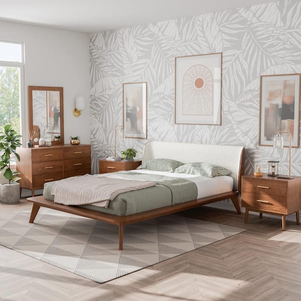 Furniture of America Riverstone 5-Piece Mid Century Boucle Walnut Wood Queen Platform Bedroom Set with 2 Nightstands and Dresser/Mirror