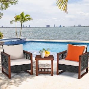 Black Frame 3-Piece Patio Rattan Wicker Square 19 in. Outdoor Bistro Set with Beige Cushions