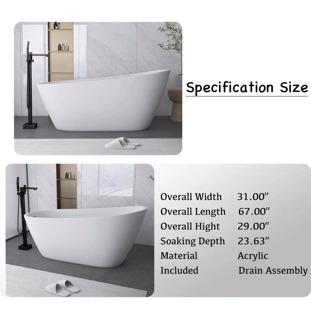 67-Inch Gloss White Acrylic Freestanding Soaking Bathtub