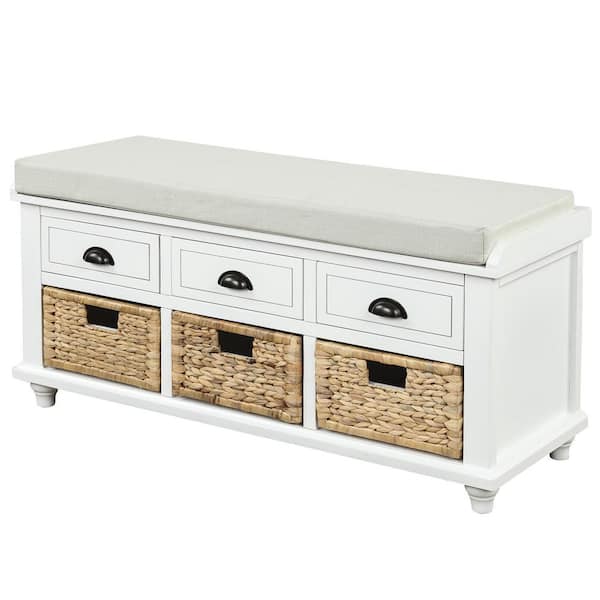 LUCKY ONE 19 in. H x 42 in. W White Solid Wood Shoe Storage Bench with 3-Drawer and 3-Rattan Basket