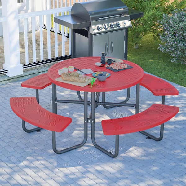 46 in. Red Round Steel Picnic Table Seats 4-8 People with Umbrella Hole
