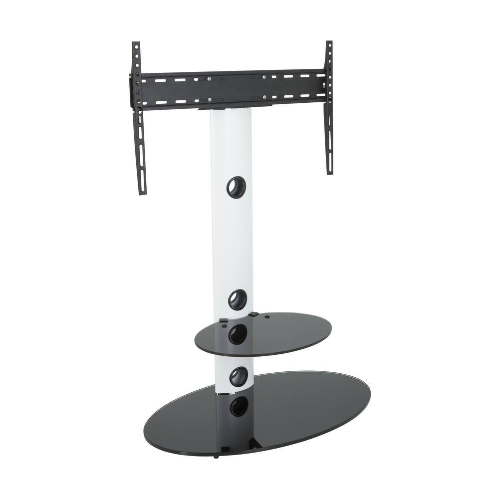 Satin White Metal TV Floor Stand with Black Glass Shelves