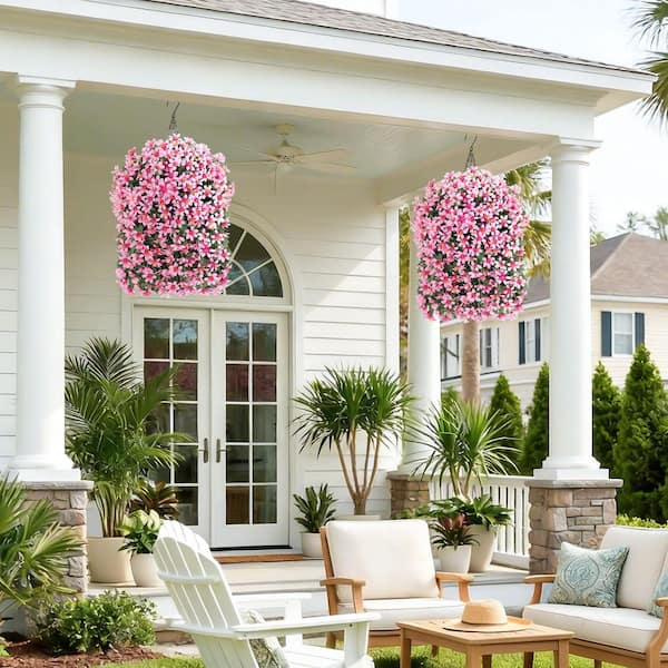 26.3 in. H Pink Artificial Lily Flowers in Basket, Outdoor Indoor