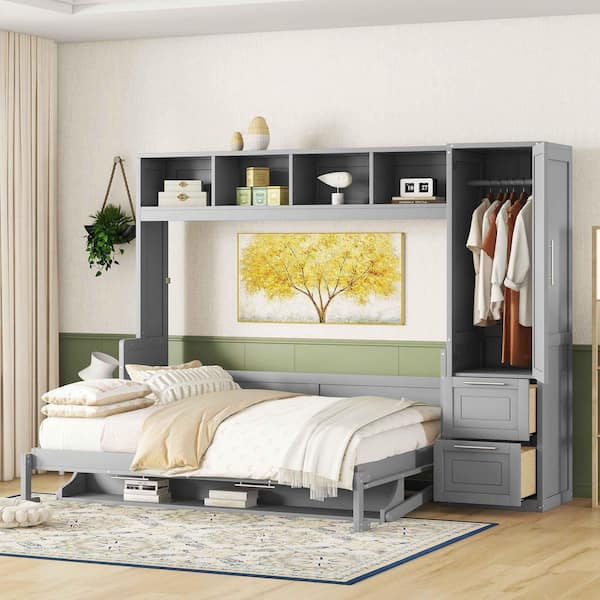 Gray Wood Frame Queen Size Murphy Bed with Closet and Drawers