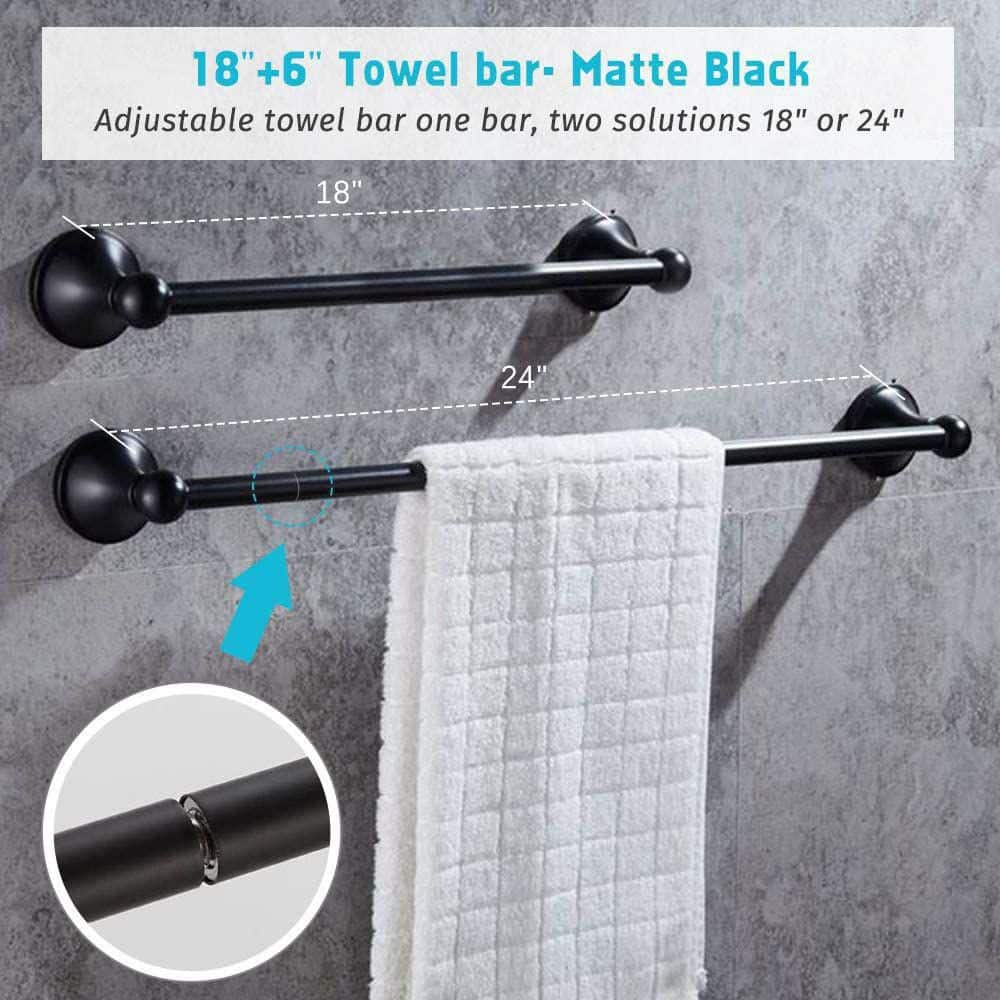 Matte Black 4-Piece Bathroom Hardware Set with Adjustable Towel Bar