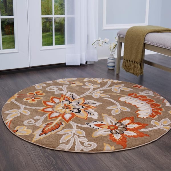 Tremont Teaneck Taupe/Pink 3 ft. Floral Round Area Rug