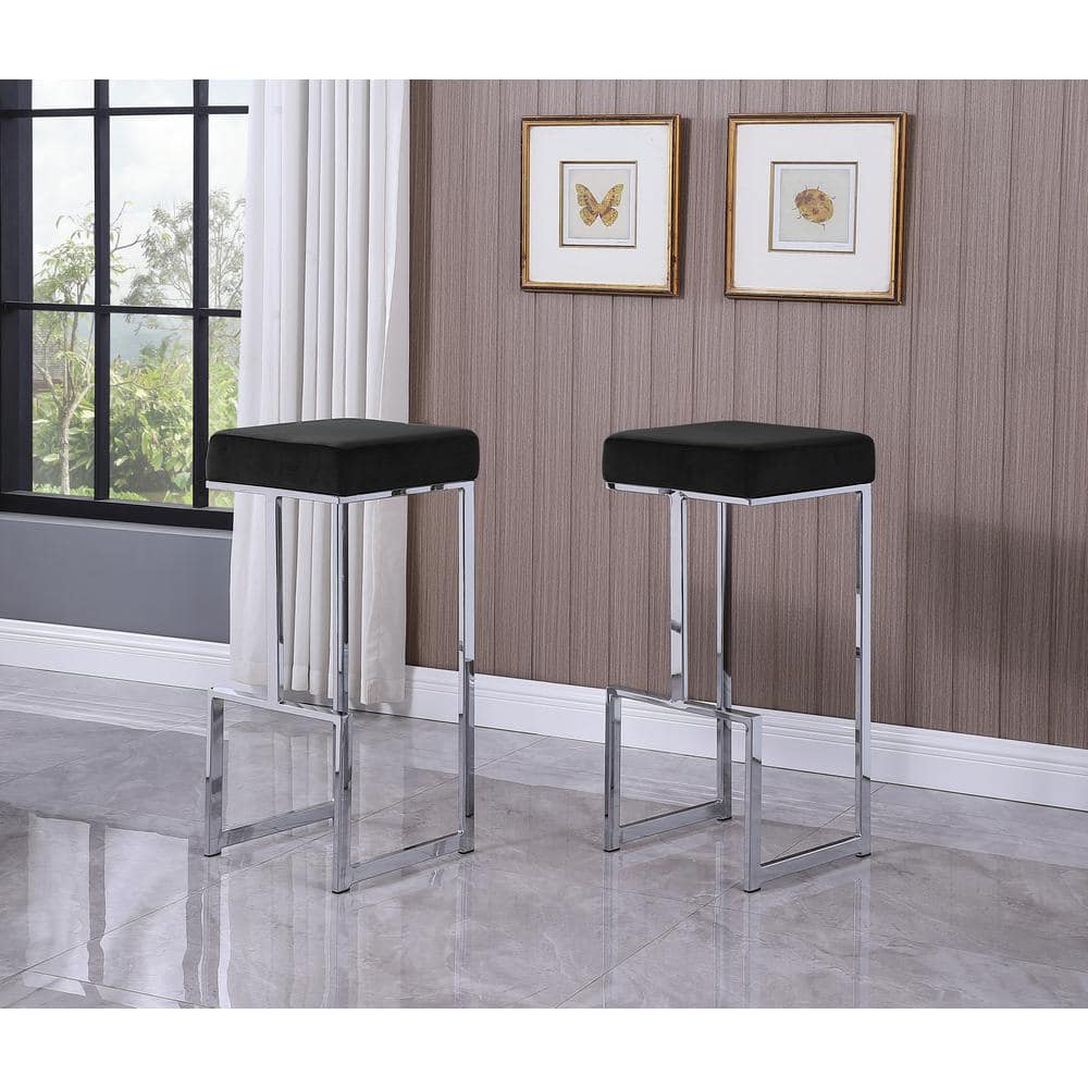 Modern Luxe Black Leather Backless Bar Stool with Silver Metal Base