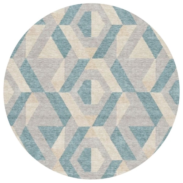 Chantille Machine Washable Indoor/Outdoor Abstract ACN2962 Teal 8 ft. x 8 ft. Round Rug