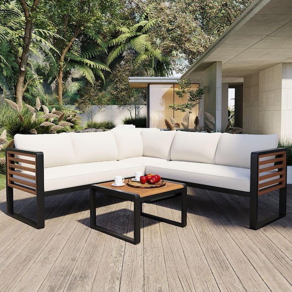 4-Pieces Metal Outdoor Patio Sectional Set, L-Shaped Sofa Set with Soft 3.9 in. Beige Cushions and Coffee Tables