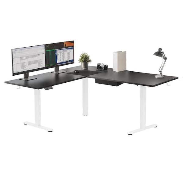 75 in. XL L-Shape Black Tabletop Electric Height Adjustable Corner Standing Desk with Drawer-White Base