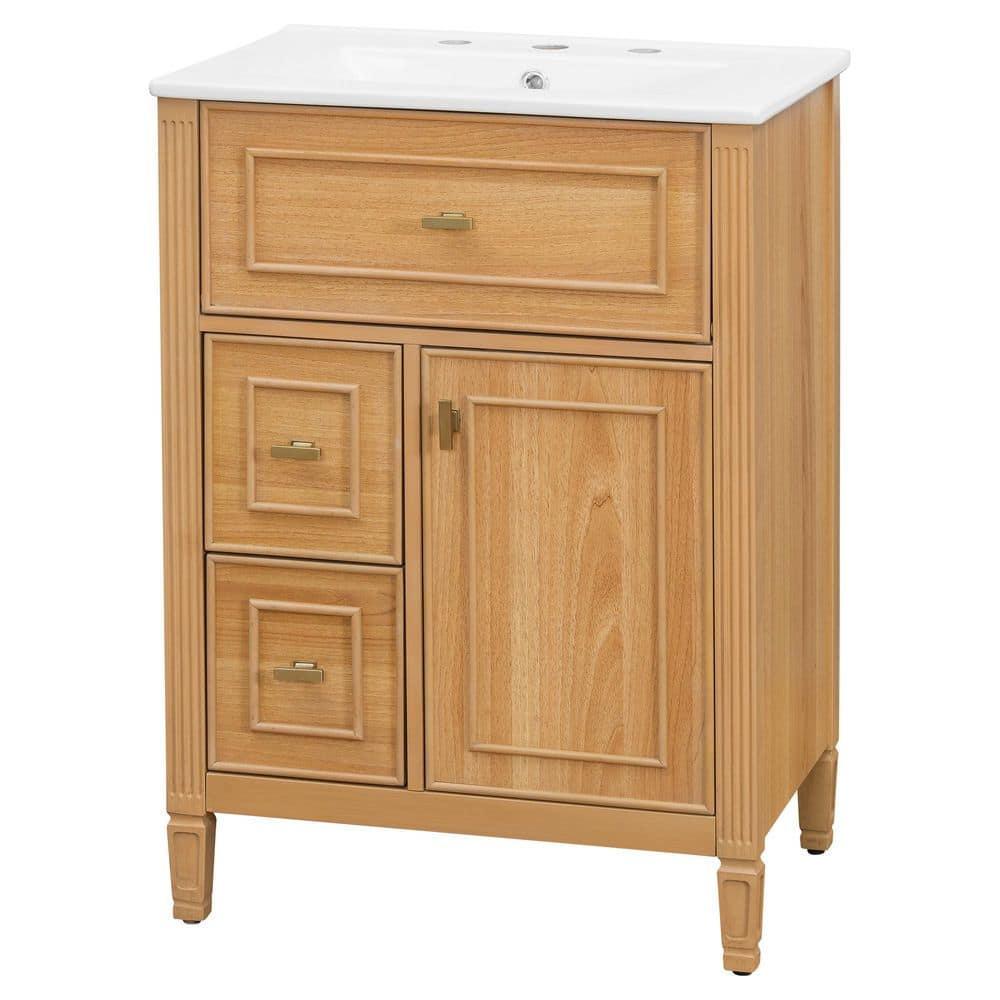 24 in. Freestanding Wood Bath Vanity with White Ceramic Top, Flip Drawer, Adjustable Shelf, Unassembled