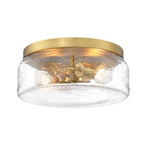 Rose Marie 13 in. 2-Light Brushed Gold Mid-Century Modern Semi Flush Mount with Clear Rippled Glass Shade for Bedrooms