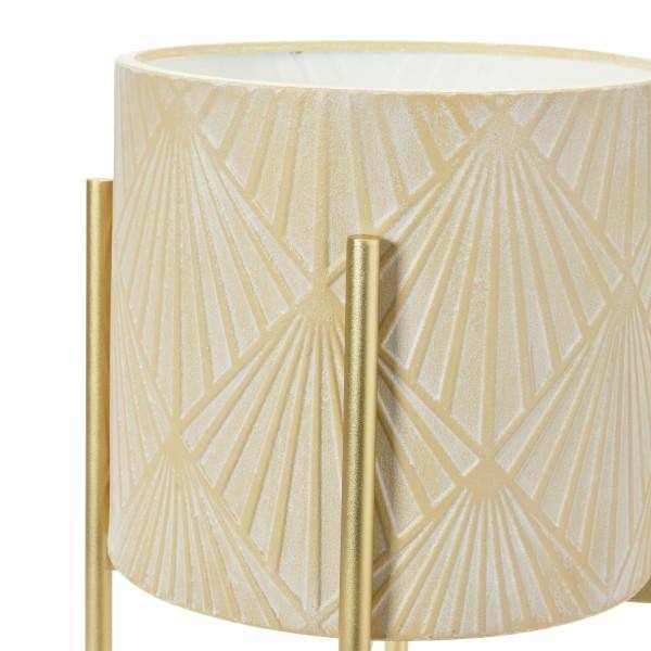 Cream and Gold Embossed Metal Planters with Stands, Set of 2