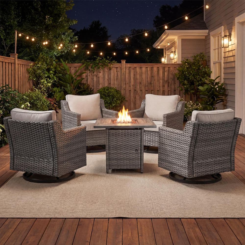 Haven Gray 5-Piece Wicker Outdoor Patio Fire Pit 4-Chair Set with 4-Inch Olefin Beige Cushions price history on PriceWatchPro