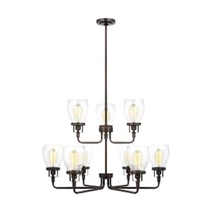 Belton 9-Light Bronze Transitional Industrial Hanging Chandelier with Clear Seeded Glass Shades