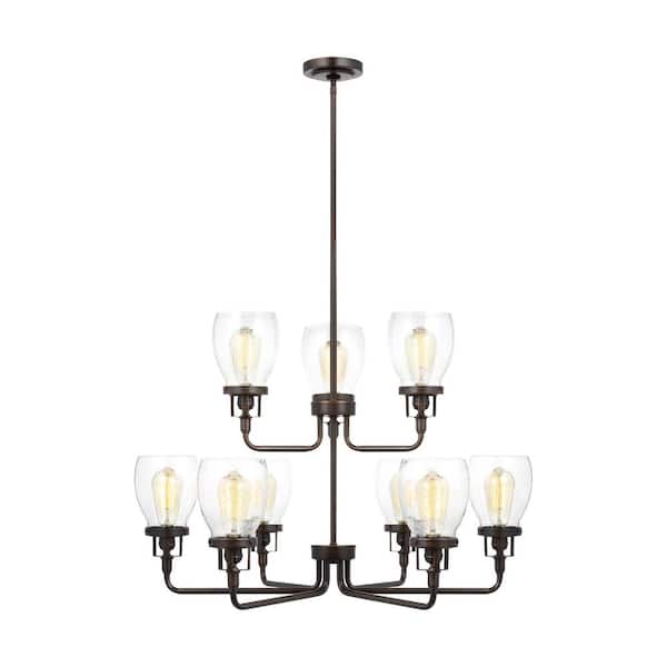 Generation Lighting Belton 9-Light Bronze Transitional Industrial Hanging Chandelier with Clear Seeded Glass Shades