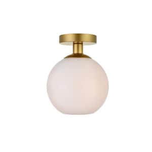 Timeless Home Blake 7.9 in. W x 9.3 in. H 1-Light Brass and Frosted White Glass Flush Mount