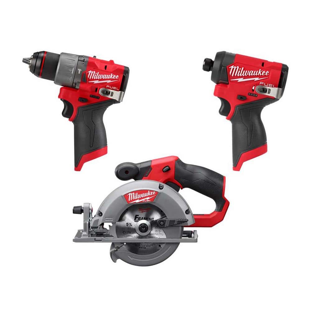 Milwaukee M12 FUEL 12V Lithium-Ion Brushless Cordless 5-3/8 in. Circular Saw, 1/2 in. Hammer Drill & 1/4 in. Hex Impact Driver -  2530-3404-3453