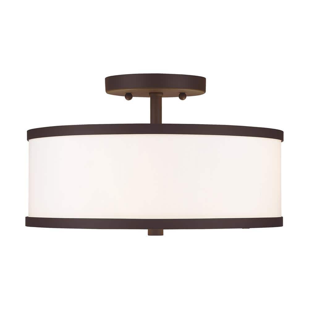 Bronze 2-Light Drum Ceiling Mount with Off-White Fabric Shade