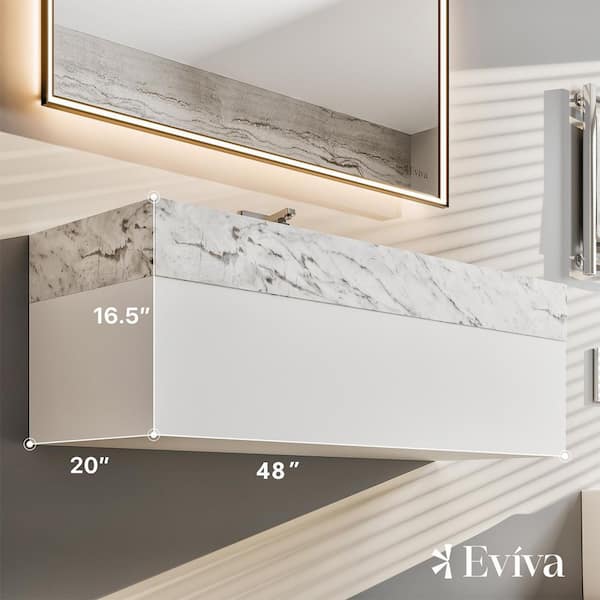 Eviva Fritti 48 in. W x 20 in. D x 16.5 in. H Floating Bathroom Vanity in White with White Carrara Marble Top with Trough Sink