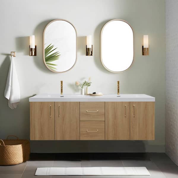 MinimalGrace 60 in. Double Sink Floating Oak Bath Vanity with White Resin Top