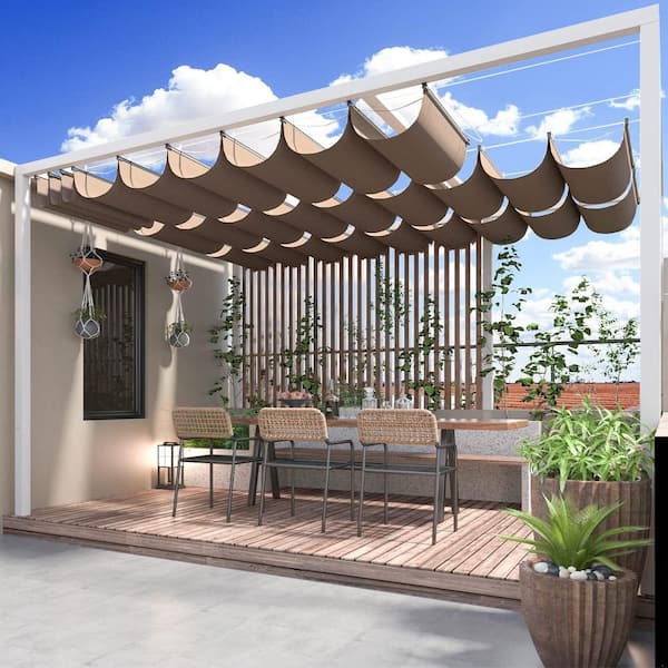 7 ft. x 12 ft. Retractable Wave Sun Shade Canopy Pergola Cover Shade Sail Awning for Patio Porch Garden Yard Deck, Brown