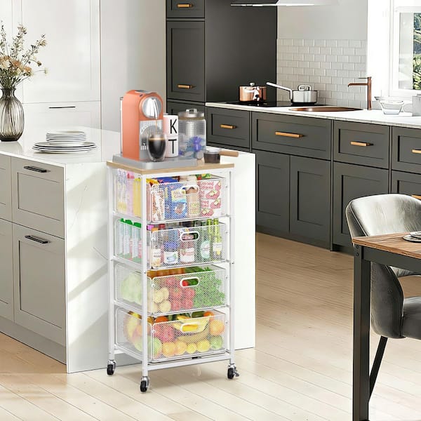 4-Shelf White Rolling Kitchen Cart with Drawers, Wooden Top, Metal Frame, Locking Wheels for Pantry Storage