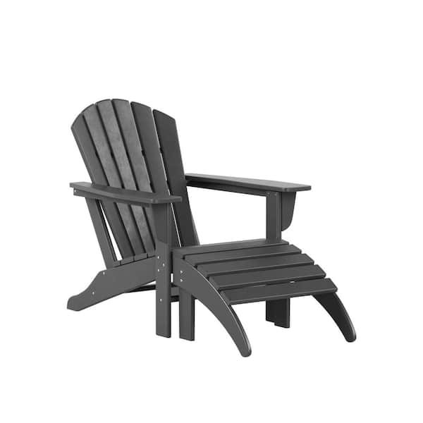 Mason Gray 2-Piece Poly Plastic Outdoor Patio Classic Adirondack Fire Pit Chair With Ottoman Set