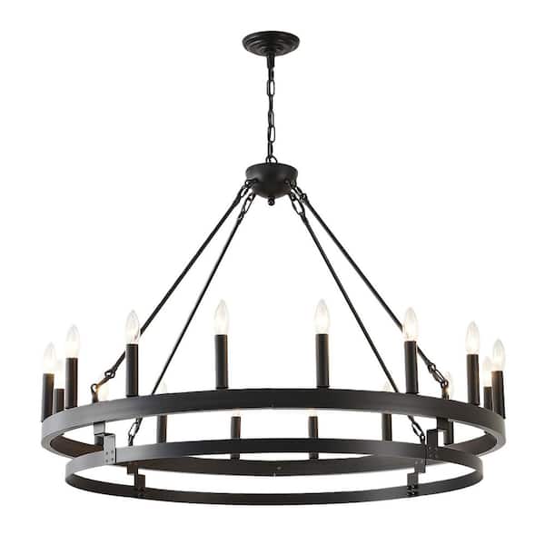 Avex 16-Light Matte Black 2 Tiers Wagon Wheel Pendant Light with Iron Frame, No Bulbs Included