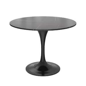 Verve Dining Table with a 36 in. Round Sintered Stone Tabletop and Black Steel Pedestal Base, Black