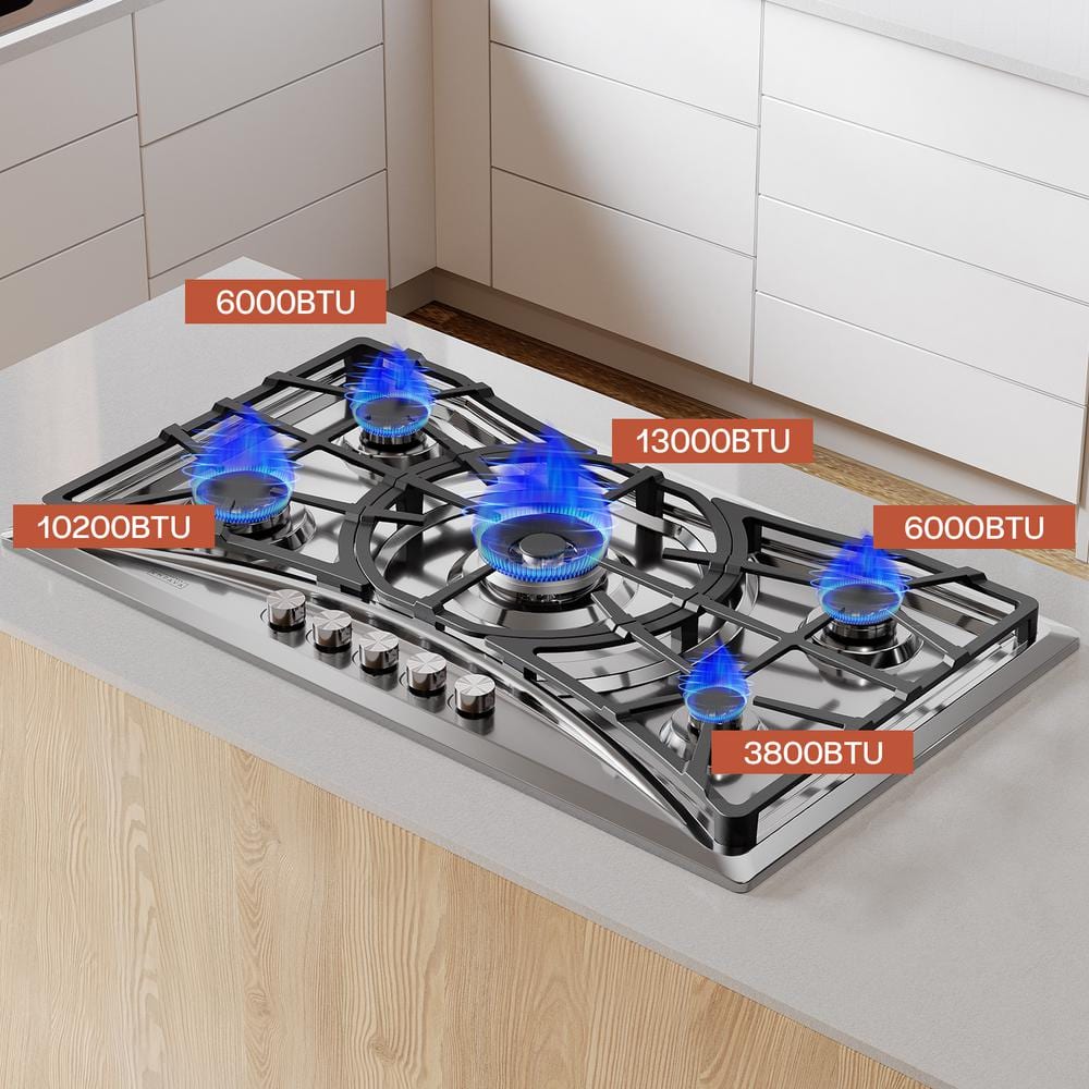 Empava Built-in 36 in. Gas Cooktop in Stainless Steel 5 Sealed Burners Cook Tops, Silver
