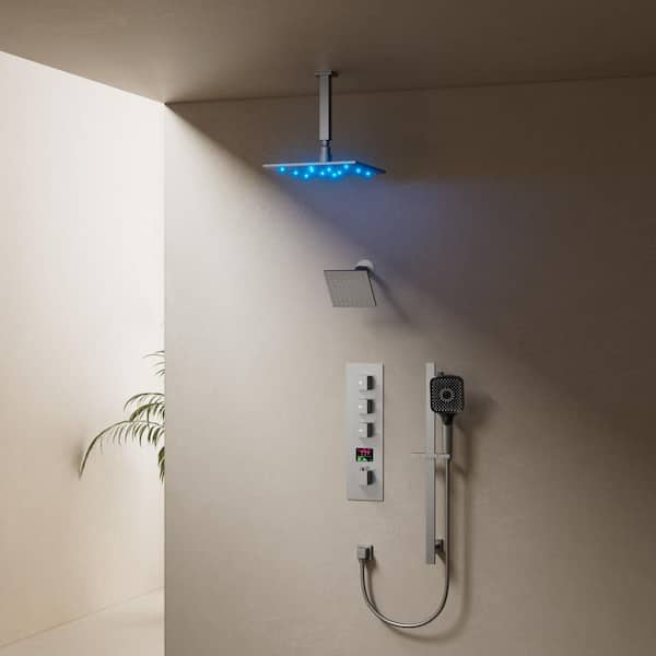7-Spray Patterns Round 12 in. Ceiling Mounting Fixed and Handheld Shower Head 2.5 GPM in Brush Nickel