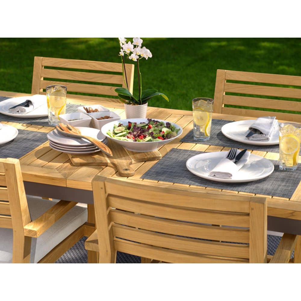 Rhodes 7-Piece Natural Teak Dining Set with Silver Cushions