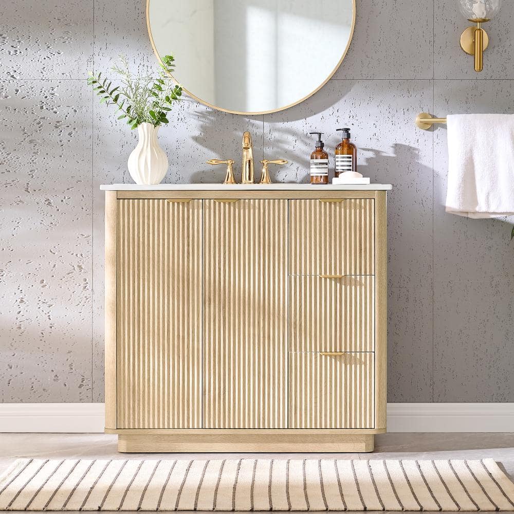 "36"" Bathroom Vanity Floor-Standing Cabinet with Ceramic Sink, Waterproof Curved Panels, Spacious Drawers, Oak" price history on PriceWatchPro