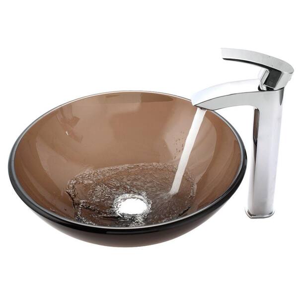 KRAUS Glass Vessel Sink in Brown with Visio Faucet in Chrome