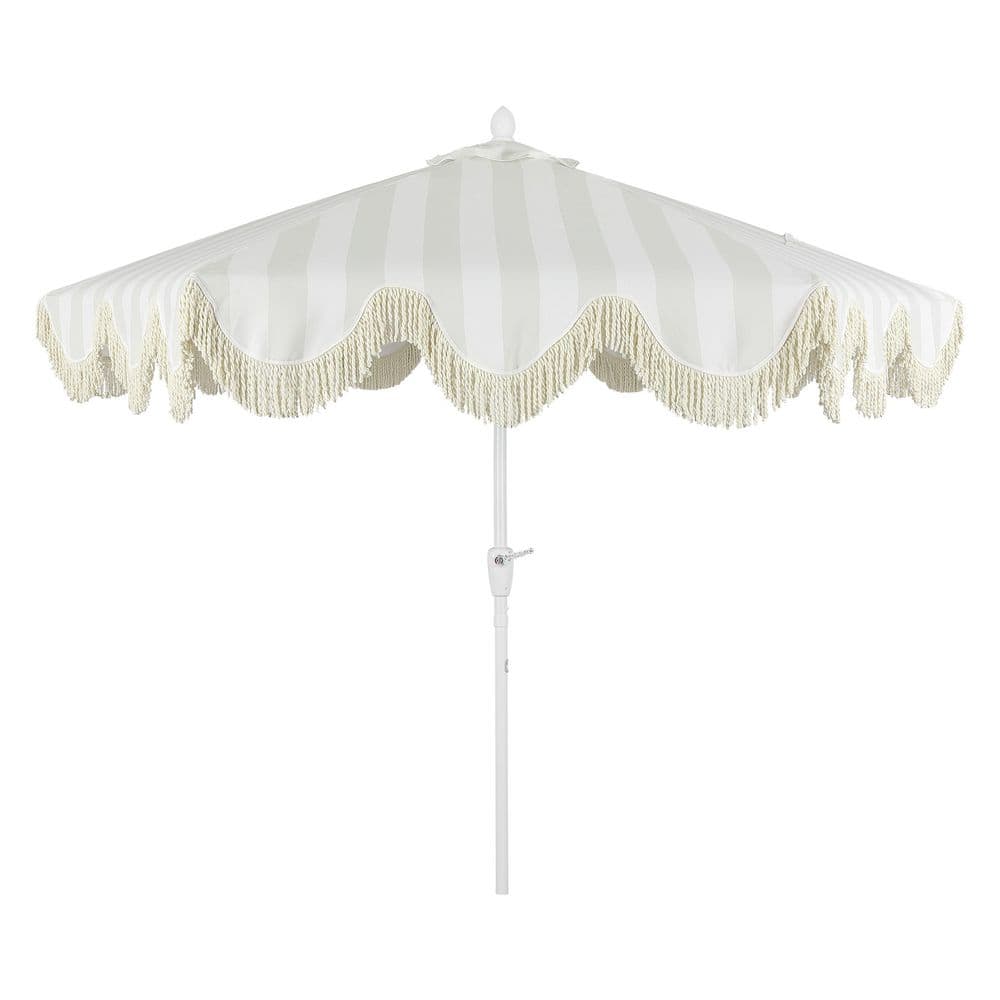 Collins 9 ft. Classic Cottage Fringe Tassel Market Patio Umbrella in Light Gray and White Stripe/Cream, White Pole price history on PriceWatchPro