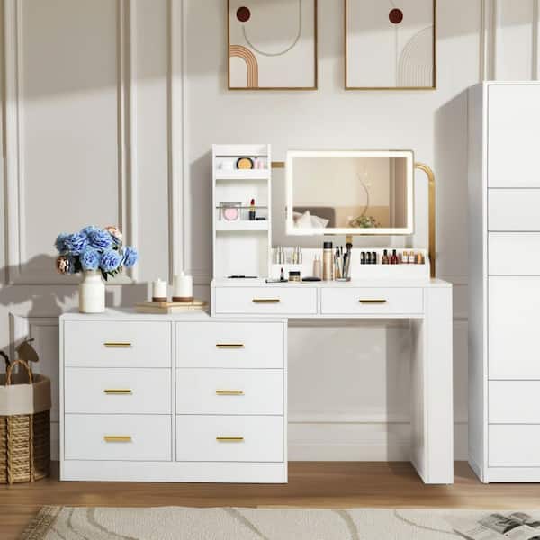 Unbranded 68.9 in. Long White Makeup Vanity with Mirror and Lights 8-Drawer Dresser with Charging Station Vanity Mirror Dressing