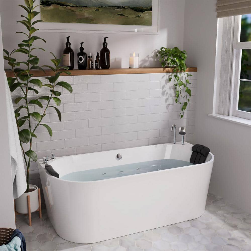 67'' White Acrylic Freestanding Whirlpool Bathtub with Faucet