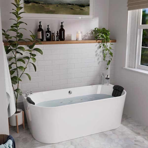 WhirlWell 67x31.5 Inch Freestanding Acrylic Bathtub With Deck-Mounted Faucet Set, Hand Shower, Central Drain – Modern White Soaking Tub