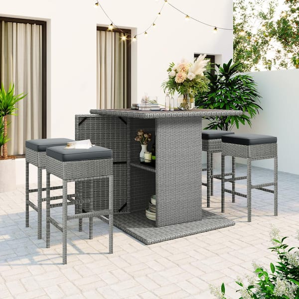 FASHION FINESSE LLC Gray 5-Piece Square Wicker Outdoor Dining Set with Storage Shelf and Dark Gray Cushions