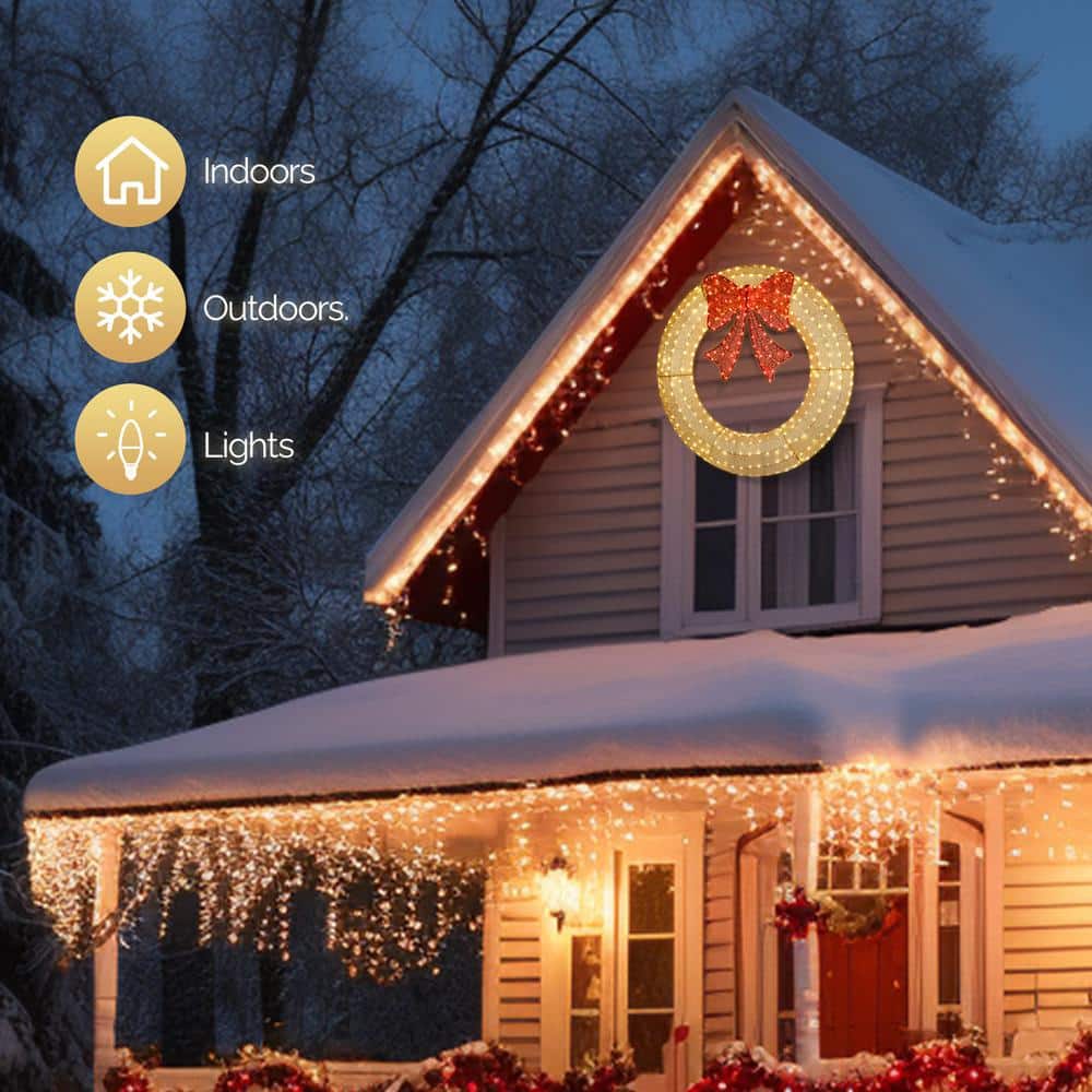 48in Gold LED Pre-Lit Outdoor Christmas Wreath with Red Bow