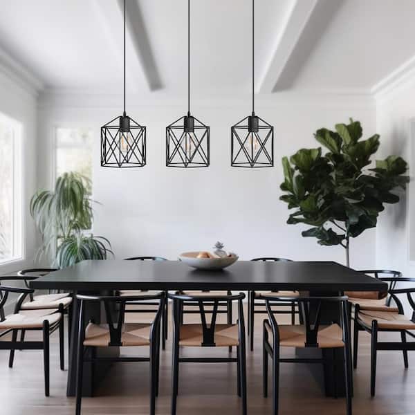 20.08 in. 3-Light Matte Black Industrial Linear Cluster Island Chandelier with Caged Shade for Kitchen Island and Dining