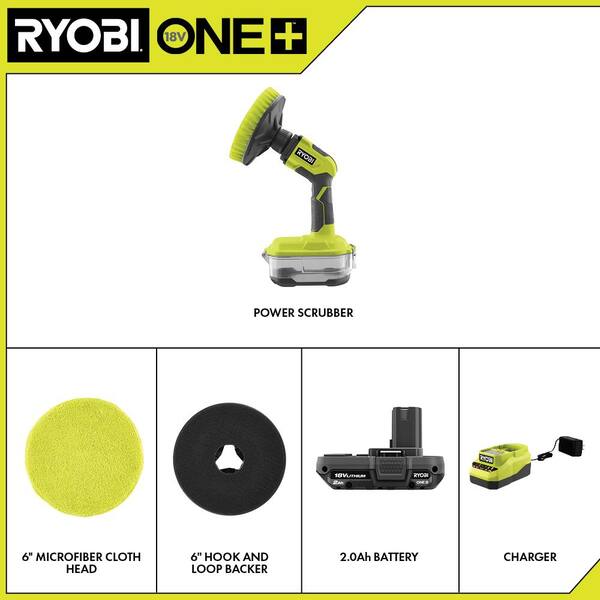 Ryobi One+ 18V Cordless Power Scrubber Kit with 2.0 Ah Battery, Charger, and 6 in. Cloth Microfiber Kit