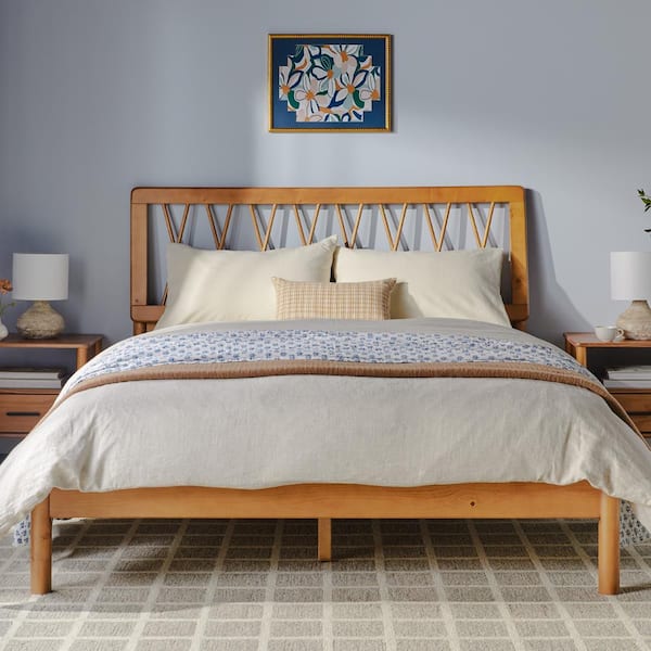 Walker Edison Furniture Company Modern Brown Solid Wood Frame Queen Platform Bed with Geometric X Design Headboard