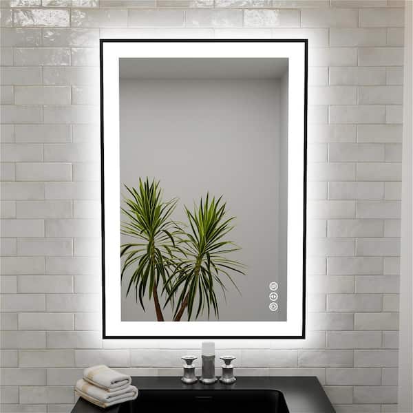 MYCASS Light 24 in. W x 36 in. H Rectangular Aluminum Framed Dimmable Anti-Fog Wall LED Bathroom Vanity Mirror in Matte Black