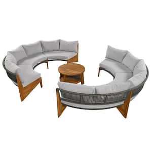 4-Piece Wood Outdoor Sectional Set with Gray Cushions and Coffee Table