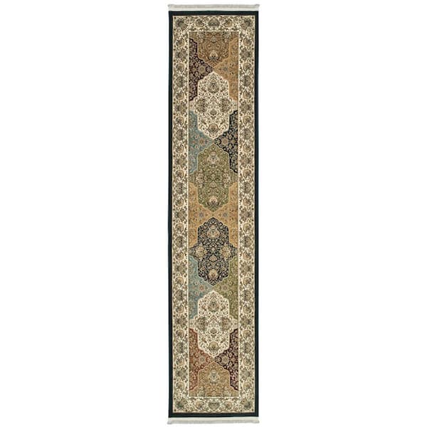 2 ft. x 10 ft. Navy Blue, Tan, Ivory Oriental Washable Area Rug